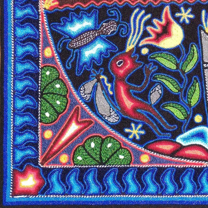 Huichol Yarn Art Wall Decor - 24x24 Inches - Mexican Handmade Thread Painting - Wixárika - Hikuri Moon image 6