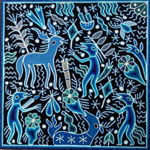 Huichol Yarn Painting – Blue| 24x24 inches | Handmade Mexican Folk Art
