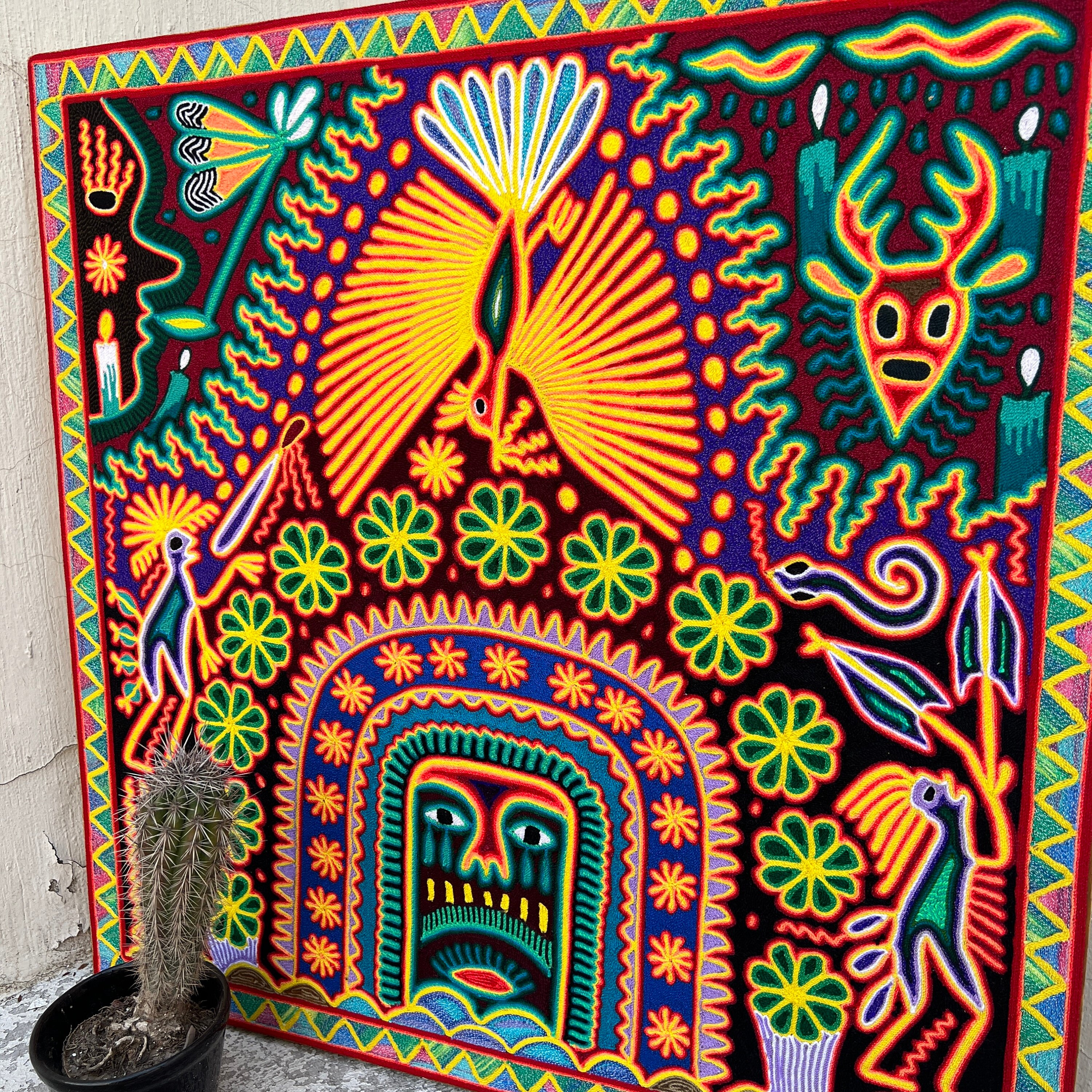 メキシコ絵画 ウイチョル族の糸絵 24 x 24 インチ (60 x 60 センチ)、メキシコ