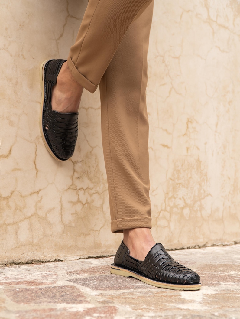 Men's Handmade Leather Huarache Sandals | Black | Closed Toe Slip-On | Mexican Artisan Shoes for Casual Summer Wear image 8