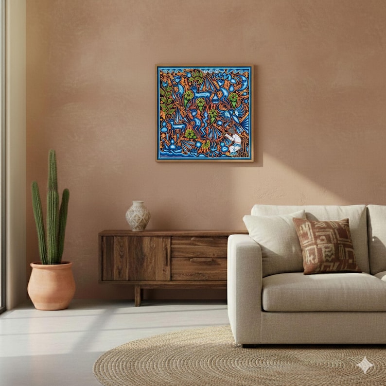 HUICHOL Art PAINT To Wall Decoration. Huichol Mexican Yarn Paint. Huichol Yarn Art. Mexican Painting. Mexican Huichol Paint 24" image 2