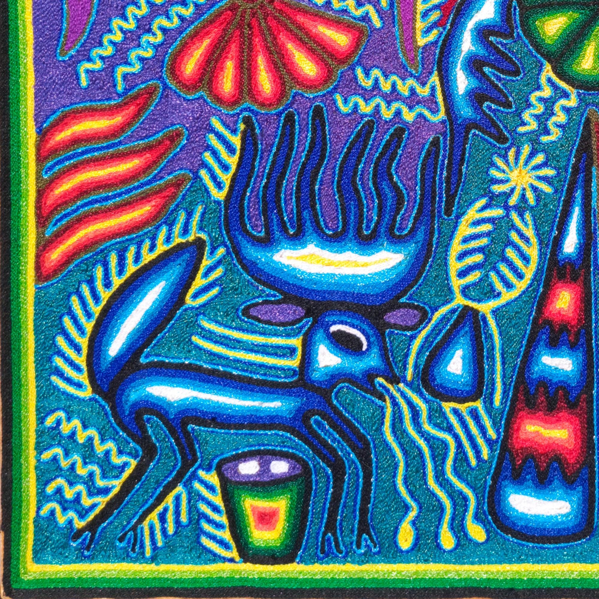 メキシコの毛糸のペイント。壁の装飾に最適なウイチョル族の絵画