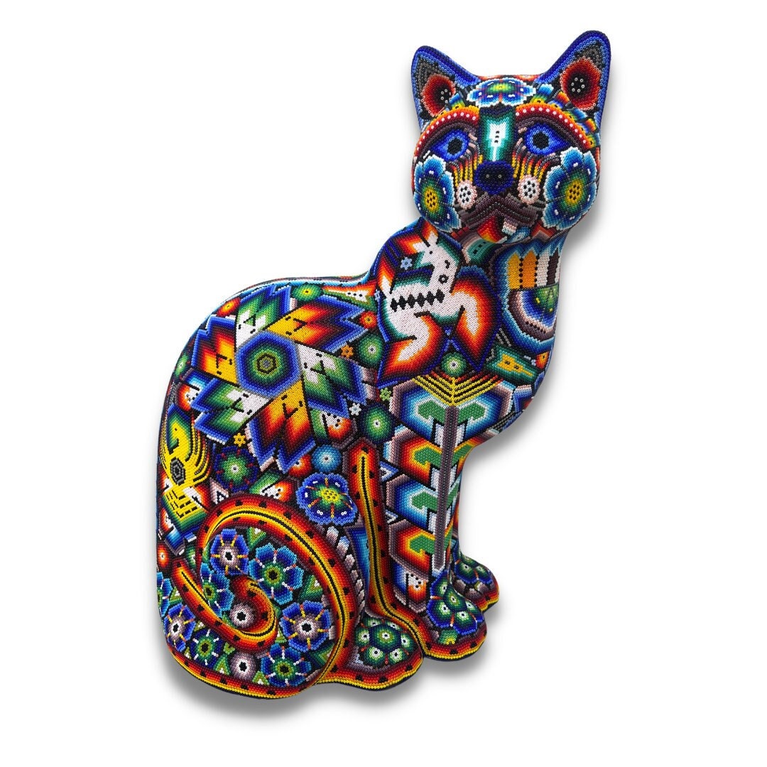 CAT With HUICHOL Art, Mexican Art, Huichol Esculpture, Mexican Gifts