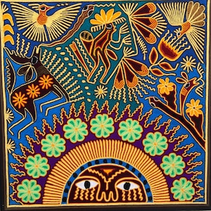 Handmade Huichol Art Frame – 24x24 Inches – Sun God & Peyote Design – Green and Blue Embroidery on Wood – Mexican Folk Art