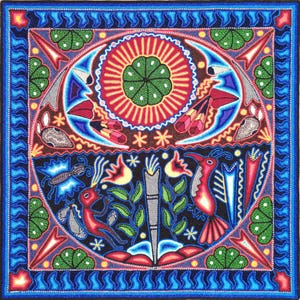 Huichol Yarn Art Wall Decor - 24x24 Inches - Mexican Handmade Thread Painting - Wixárika - Hikuri Moon image 1