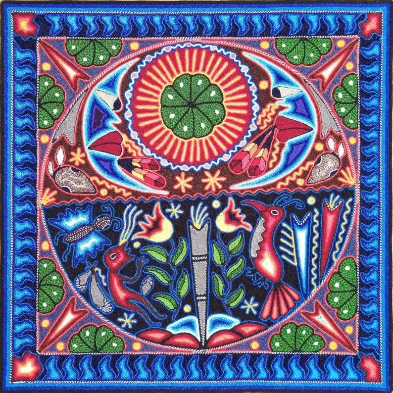 Huichol Yarn Art Wall Decor - 24x24 Inches - Mexican Handmade Thread Painting - Wixárika - Hikuri Moon image 1