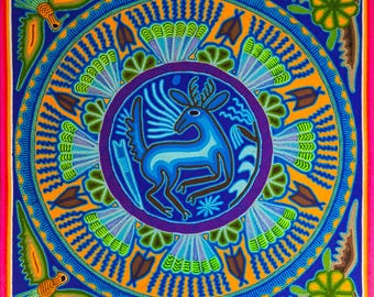 Huichol Yarn Art Wall Decor - 24x24 Inches - Mexican Handmade Thread Painting - Wixárika - Deer