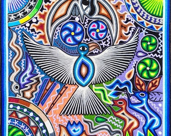 Huichol Yarn Art Wall Decor - 24x24 Inches - Mexican Handmade Thread Painting - Wixárika - Eagle