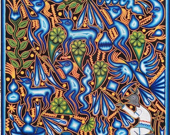 メキシコの毛糸のペイント。壁の装飾に最適なウイチョル族の絵画