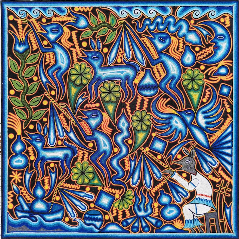 HUICHOL Art PAINT To Wall Decoration. Huichol Mexican Yarn Paint. Huichol Yarn Art. Mexican Painting. Mexican Huichol Paint 24" image 1