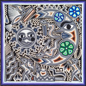 Mexican HUICHOL Yarn Art Painting - Deer and Hummingbird - Handmade Wall Art 24x24 Inches - Spiritual Mexican Folk Art Decor - Moon image 1