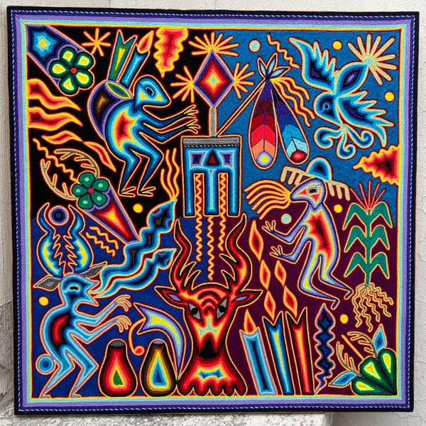 Cuadro de Arte HUICHOL para Pared DECORACIÓN. Pintura de hilo mexicano huichol. Arte en hilo mexicano. Cuadro Huichol 24"x24"