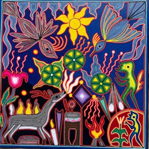 Huichol Yarn Painting 60x60 cm - Sacred Deer and Sun Symbol - Handmade Mexican Art - Colorful Spiritual Wall Decor
