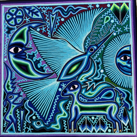 Mexican HUICHOL Yarn Art Painting - Deer and Hummingbird - Handmade Wall Art 24x24 Inches - Spiritual Mexican Folk Art Decor - Blue Purple