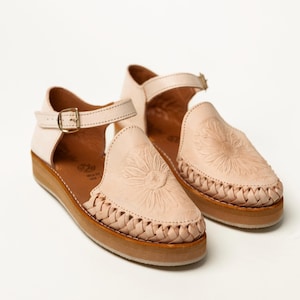 Women's Handmade Leather Sandals | Natural Color | Sunflower Embossed Design | Mexican Artisan Shoes for Casual Summer Wear