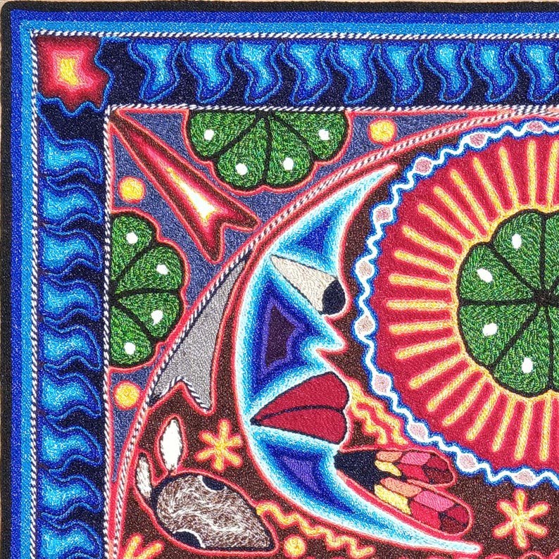 Huichol Yarn Art Wall Decor - 24x24 Inches - Mexican Handmade Thread Painting - Wixárika - Hikuri Moon image 4