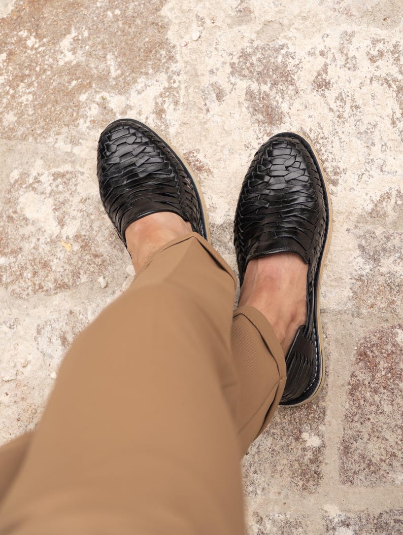 Men's Handmade Leather Huarache Sandals | Black | Closed Toe Slip-On | Mexican Artisan Shoes for Casual Summer Wear image 5