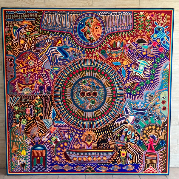Mexicaanse Huichol-kunstfoto tot wanddecoratie. Mexicaanse garenkunst. Huichol-verfmaat 200 x 200 cm