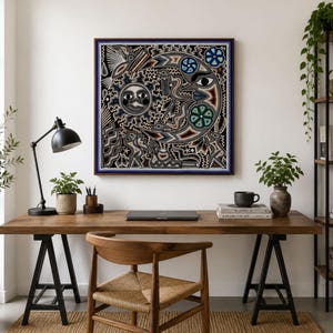 May include: A square framed wall art piece featuring a complex black and white graphic illustration of a sun and crescent moon with stylized facial features, surrounded by intricate geometric patterns, floral motifs, and abstract shapes.