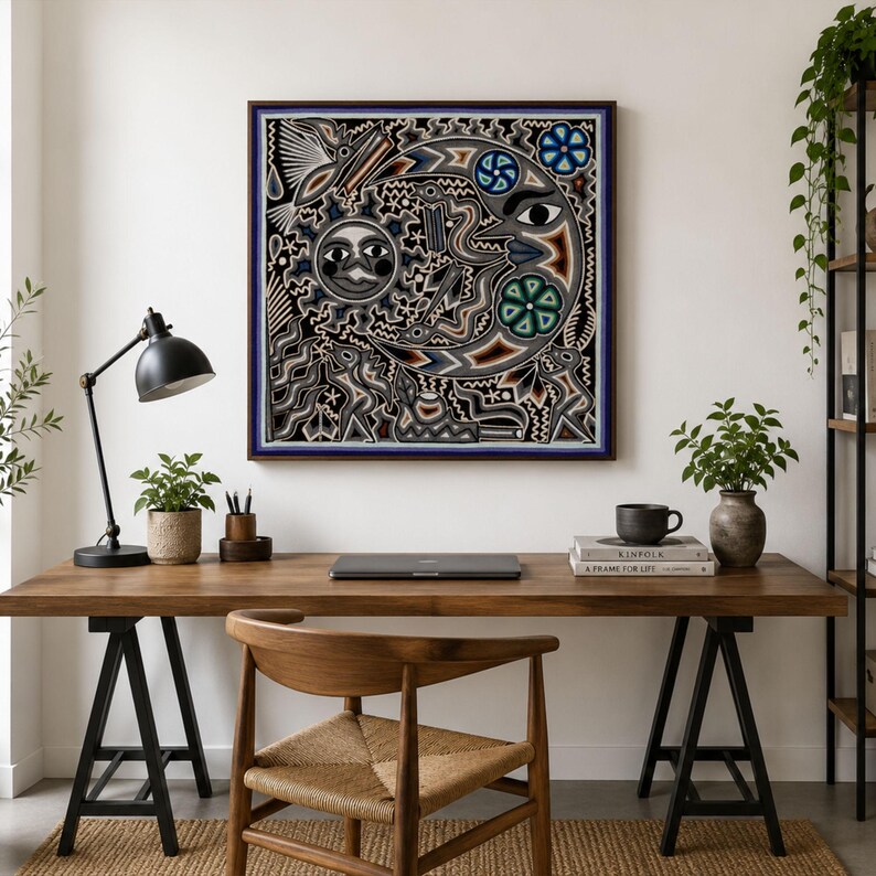 May include: A square framed wall art piece featuring a complex black and white graphic illustration of a sun and crescent moon with stylized facial features, surrounded by intricate geometric patterns, floral motifs, and abstract shapes.