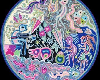Huichol Yarn Art Wall Decor - 24" Inches Diam - Mexican Handmade Thread Painting - Wixárika - The sacred site
