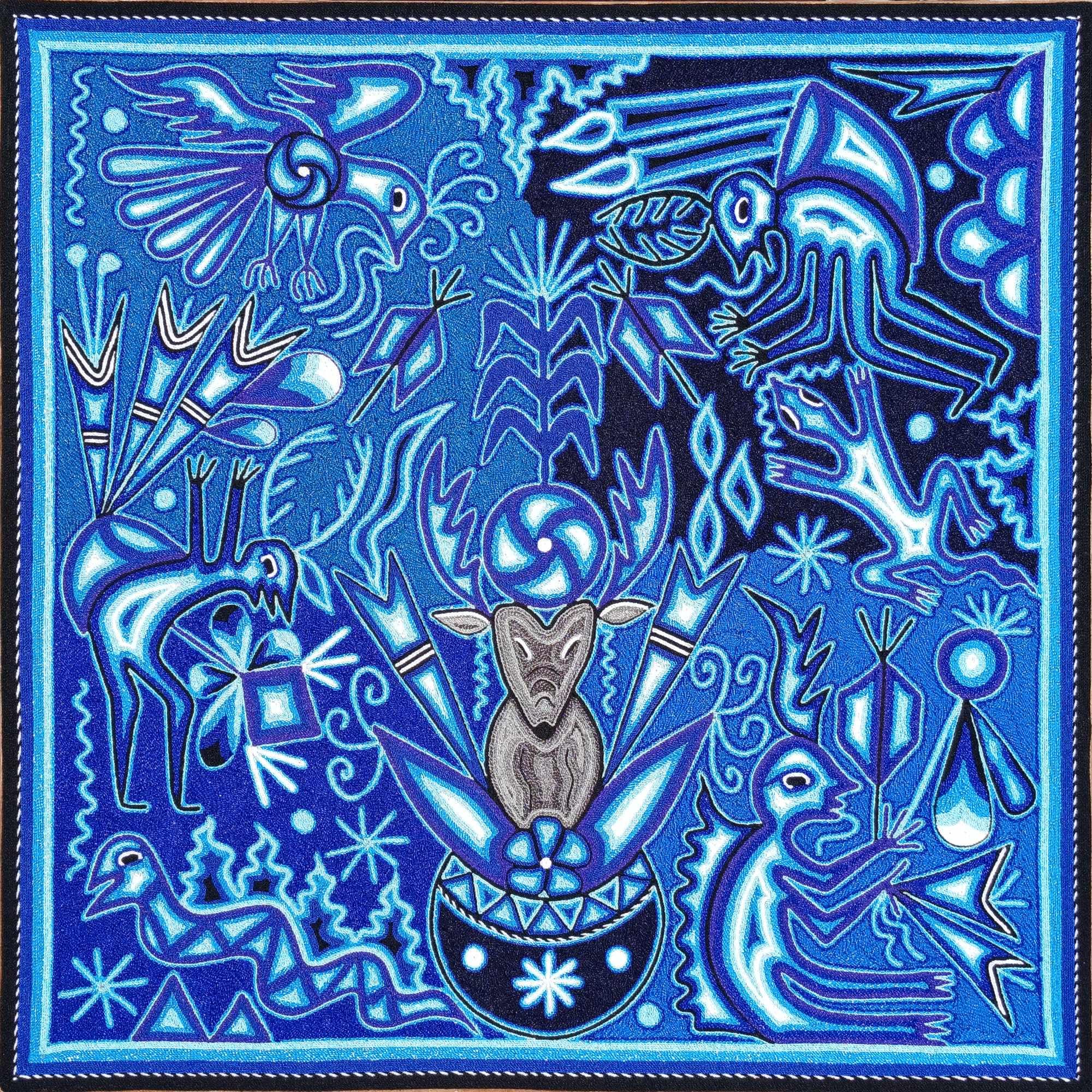 ウイチョル族の糸アート壁装飾 - 24x24インチ - メキシコの手作り糸絵