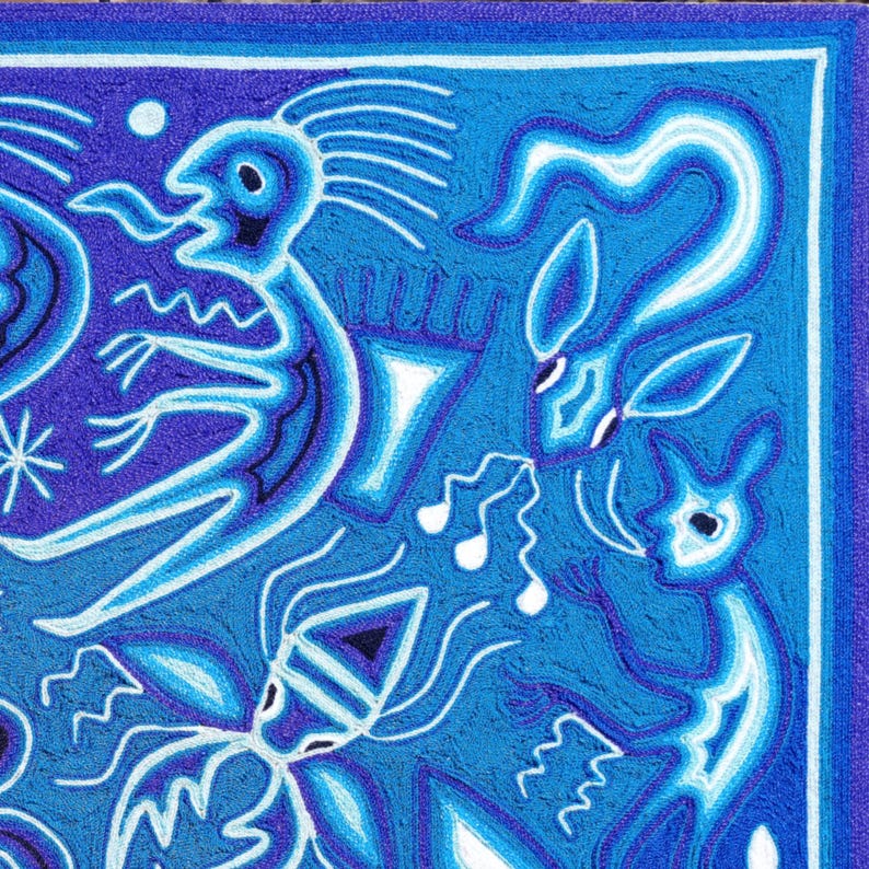 Mexican Huichol ART PAINTING To WALL Decoration. | Blue Deer | Huichol Mexican Yarn Paint. Mexican Art. Huichol Paint Size 24 x 24 Inches. image 5