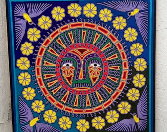 Mexican HUICHOL ART Picture To Wall DECORATION. Mexican Yarn Art. Huichol Paint Size 24 x 24 Inches.