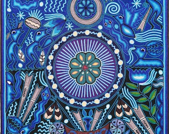 HUICHOL Art PAINT To Wall Decoration. Huichol Mexican Yarn Paint. Huichol Yarn Art. Mexican Painting. Mexican Huichol Paint 24"