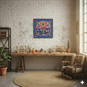 Huichol Yarn Art Wall Decor - 24x24 Inches - Mexican Handmade Thread Painting - Wixárika - Hikuri Moon image 2