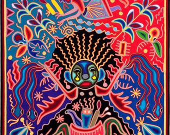 ヴィンテージ 刺繍 アート 額 飾り布 中南米 南米 メキシコ フォークアート 24x24インチ ウイチョルヤーンアート - マラアカメシャーマン儀式