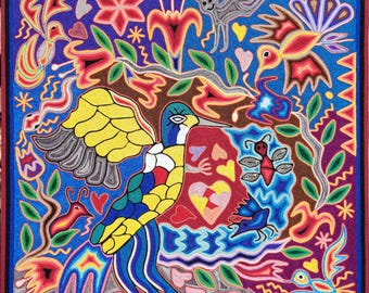 Huichol Yarn Art Wall Decor - 24x24 Inches - Mexican Handmade Thread Painting - Wixárika - Hummingbird