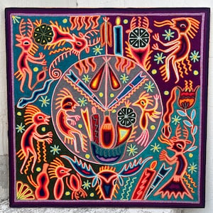 HUICHOL Mexican Yarn PAINT. Mexican Huichol Art Picture To Wall Decoration. Mexican Art. Huichol Paint Size 24 x 24 Inches.