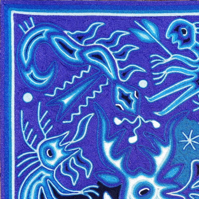 Mexican Huichol ART PAINTING To WALL Decoration. | Blue Deer | Huichol Mexican Yarn Paint. Mexican Art. Huichol Paint Size 24 x 24 Inches. image 4