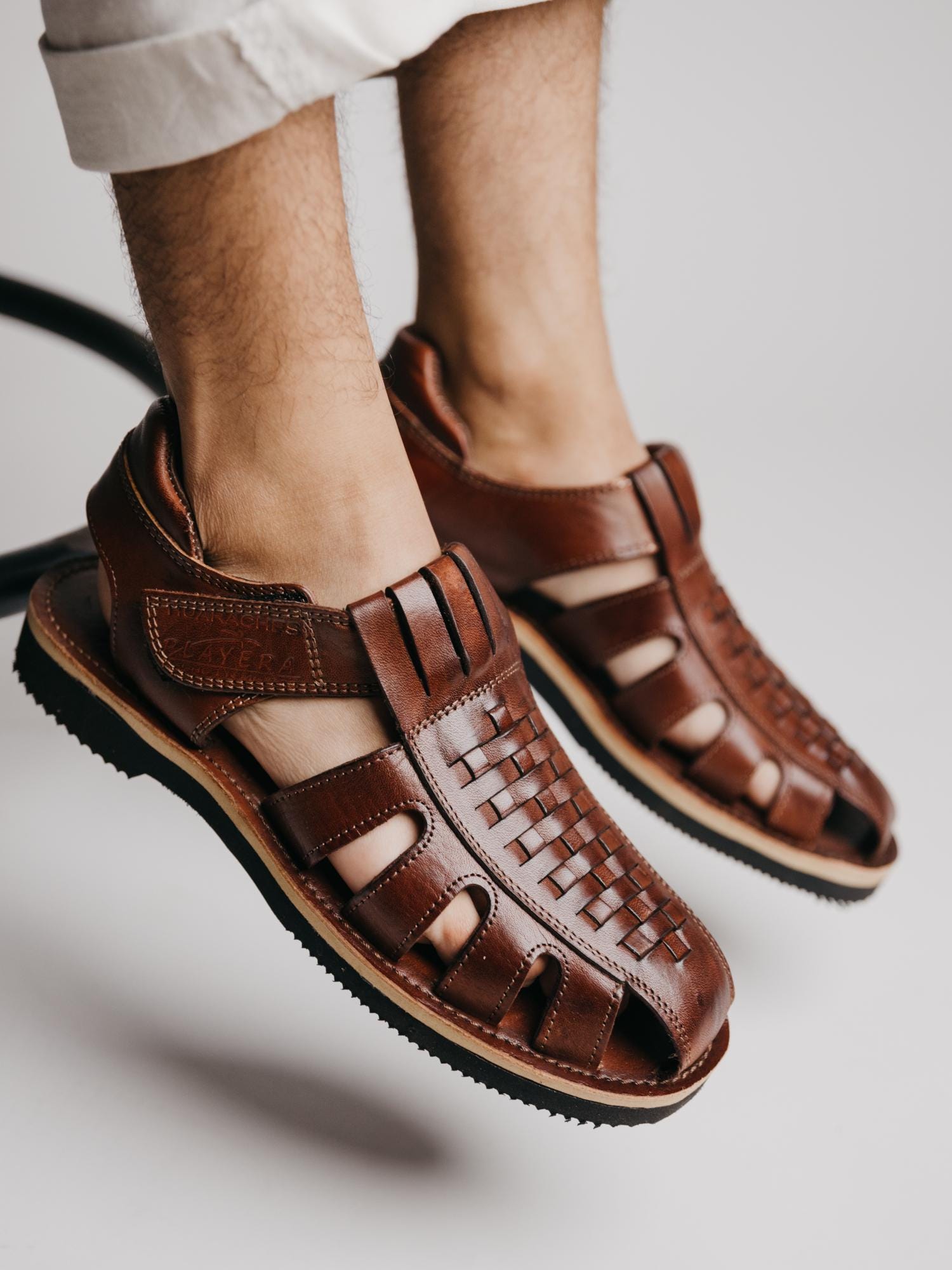 Men's Woven Leather Mexican Sandals - Handmade Open-Toe Huarache, Hook and Loop Strap, Rubber Sole, Traditional Summer Shoes