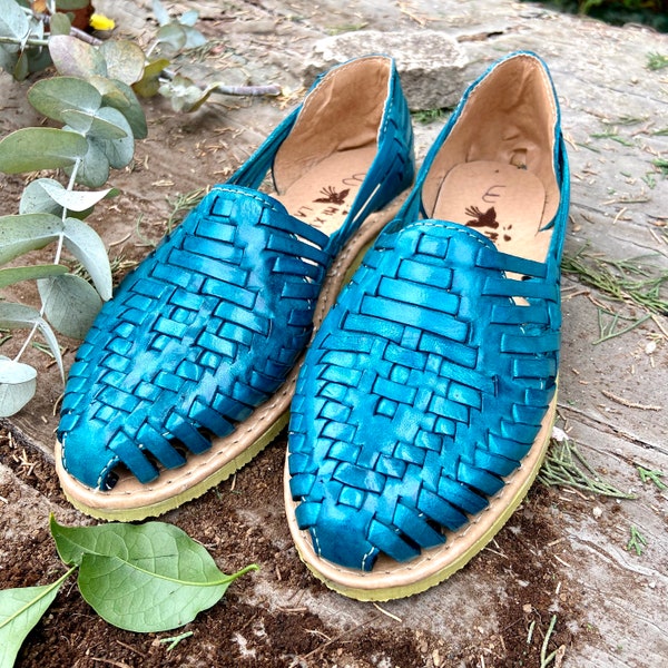 Sandales en cuir turquoise. Artisan mexicain Huarache. Chaussures en cuir mexicain. Mode huarache. Chaussures de style mexicain. Disponible dans toutes les tailles