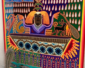 絵画、額入り、ハンドメイド、メキシコ メキシコのアート。ウイチョル族の糸で描いた絵画。メキシコの