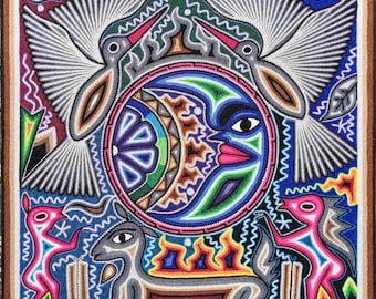 HUICHOL Art PAINT To Wall Decoration. Huichol Mexican Yarn Paint. Huichol Yarn Art. Mexican Painting. Mexican Huichol Paint 24"