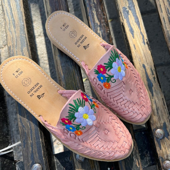 Artisanal Slip on Sandals With Embroidered Flowers. Mexican Leather Shoe. Huarache Fashion. Mexican Shoes. Comfortable Flats for Woman. Etsy