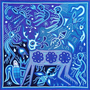 Mexican Huichol ART PAINTING To WALL Decoration. | Blue Deer | Huichol Mexican Yarn Paint. Mexican Art. Huichol Paint Size 24 x 24 Inches. image 1