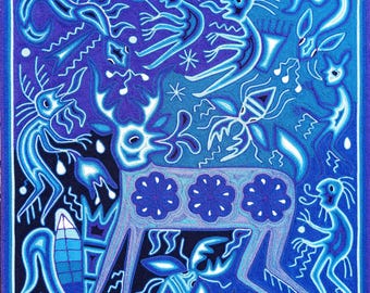 【希少・メキシコ民芸品】ウイチョル族 ビーズアート クジラの尾 置物 メキシコのウイチョル族の絵画。壁飾りに。| 青い鹿 | ウイチョル族の