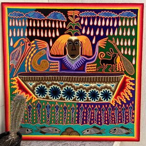 MEXICAN ART. Huichol Yarn PAINTING. Mexican Huichol Art Picture To Wall Decoration. Mexican Gift. Huichol Paint Size 24 x 24 Inches.