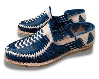 Handmade Mexican Leather Slip-On Shoes for Men – Escalera Design, Comfortable Flats, Genuine Leather Huaraches. Blue and Natural Color