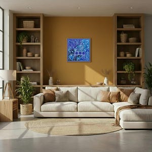 Mexican Huichol ART PAINTING To WALL Decoration. | Blue Deer | Huichol Mexican Yarn Paint. Mexican Art. Huichol Paint Size 24 x 24 Inches. image 2