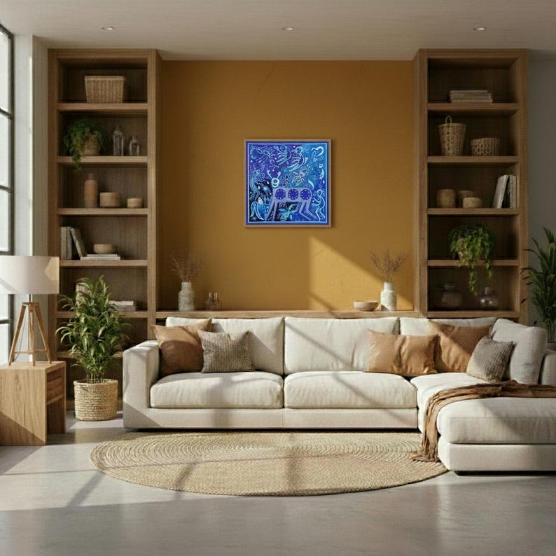 Mexican Huichol ART PAINTING To WALL Decoration. | Blue Deer | Huichol Mexican Yarn Paint. Mexican Art. Huichol Paint Size 24 x 24 Inches. image 2