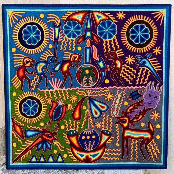 メキシコのアート。ウイチョル族の糸で描いた絵画。メキシコの