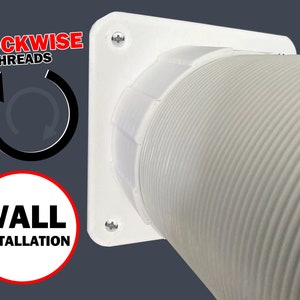 May include: White plastic pipe with a white square flange. The flange has four screws. The pipe has a ribbed texture. The text "CLOCKWISE THREADS" is visible in the image. The text "WALL INSTALLATION" is also visible in the image.