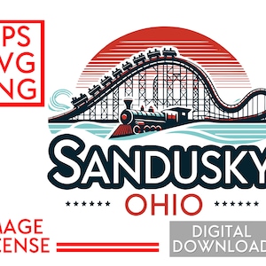 Sandusky Ohio Logo digitaal bestand Sun Rollercoaster Design Image Licentie voor het doorverkopen van Amusement Park Summer Fun Artwork Lake Erie Train