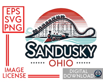 Sandusky Ohio Logo Archivo digital Sun Rollercoaster Diseño Licencia de imagen para revender parque de atracciones Summer Fun Artwork Lake Erie Train