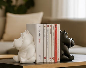 Hippo Bookends Duo – Modern 3D Printed Book Holders – Minimalist Eco-Friendly Home Décor in Black, White or Matte Gold